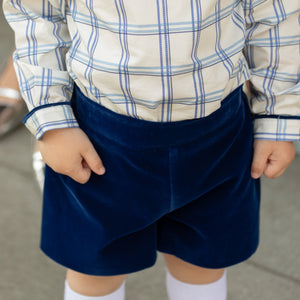 Henry Duvall Robert Shorts in Back Bay Blue Velvet, classic toddler boys fall dress shorts with flat front and elastic back, perfect for pairing with plaid shirts and sibling looks