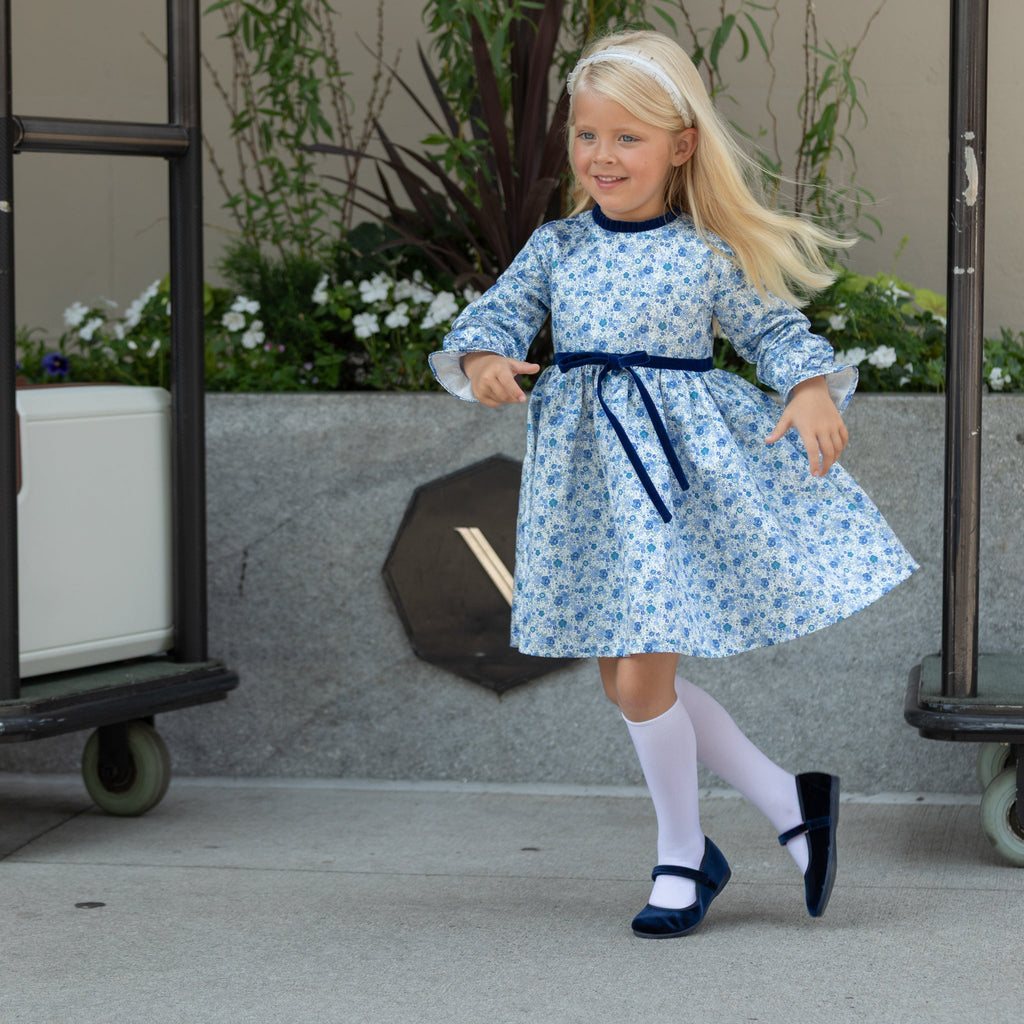 Henry Duvall Hazel Dress in Prescott Petals floral with Back Bay Blue Velvet bow, vintage length fall dress for girls, perfect for sibling sets and mother-daughter matching