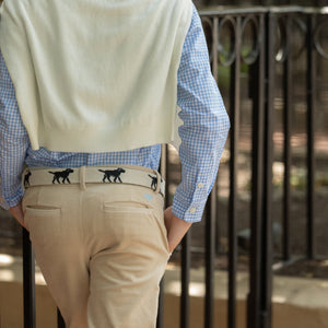 Henry Duvall Bradford Trousers in King’s Way Khaki Corduroy, classic boys fall and winter pants with adjustable elastic inside, perfect for dressing up or coordinating with family looks