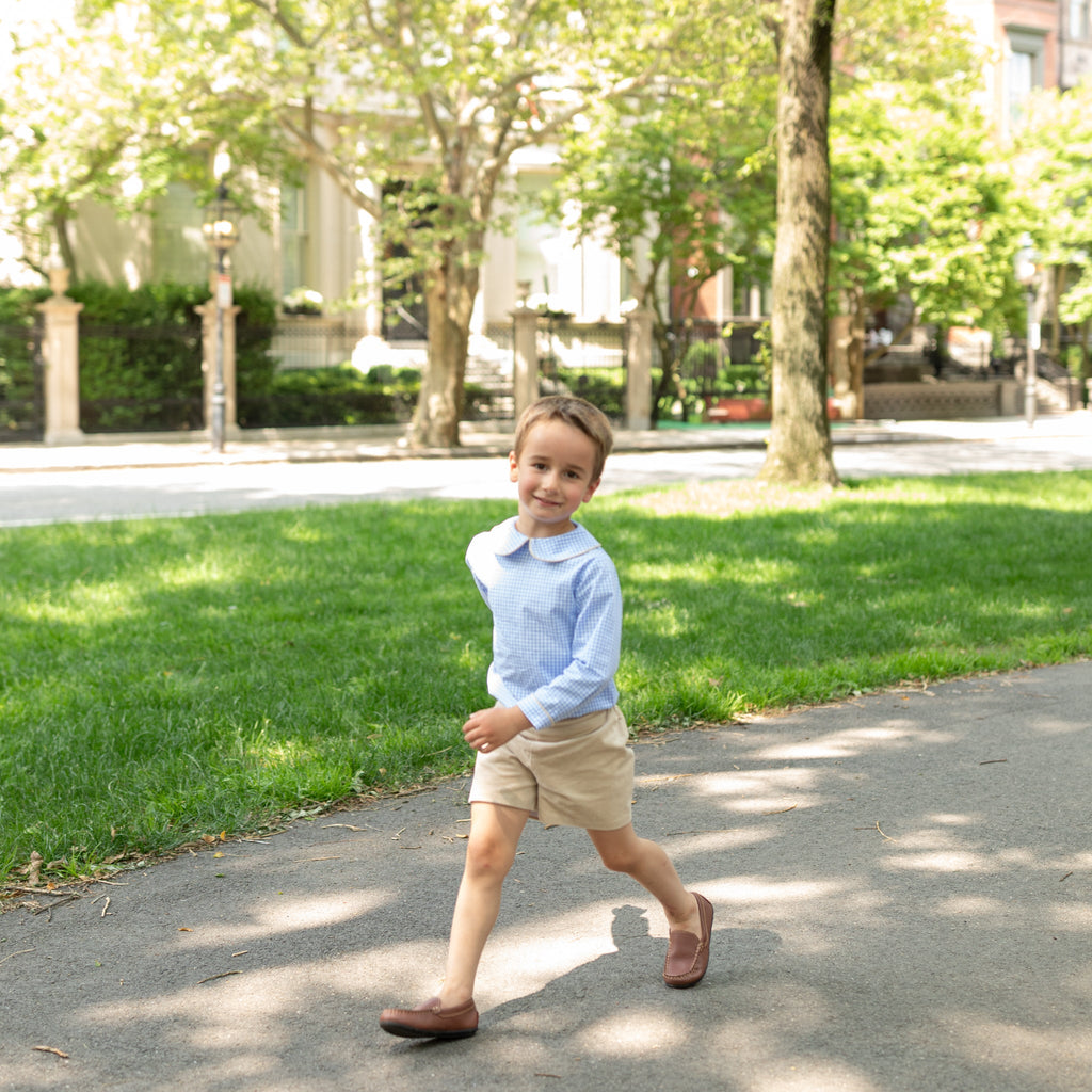 Henry Duvall Henry Peter Pan Shirt in classic blue Charles Street Check gingham, timeless fall toddler boys top perfect for layering with corduroy overalls or coordinating sibling looks.