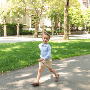 Henry Duvall Henry Peter Pan Shirt in classic blue Charles Street Check gingham, timeless fall toddler boys top perfect for layering with corduroy overalls or coordinating sibling looks.