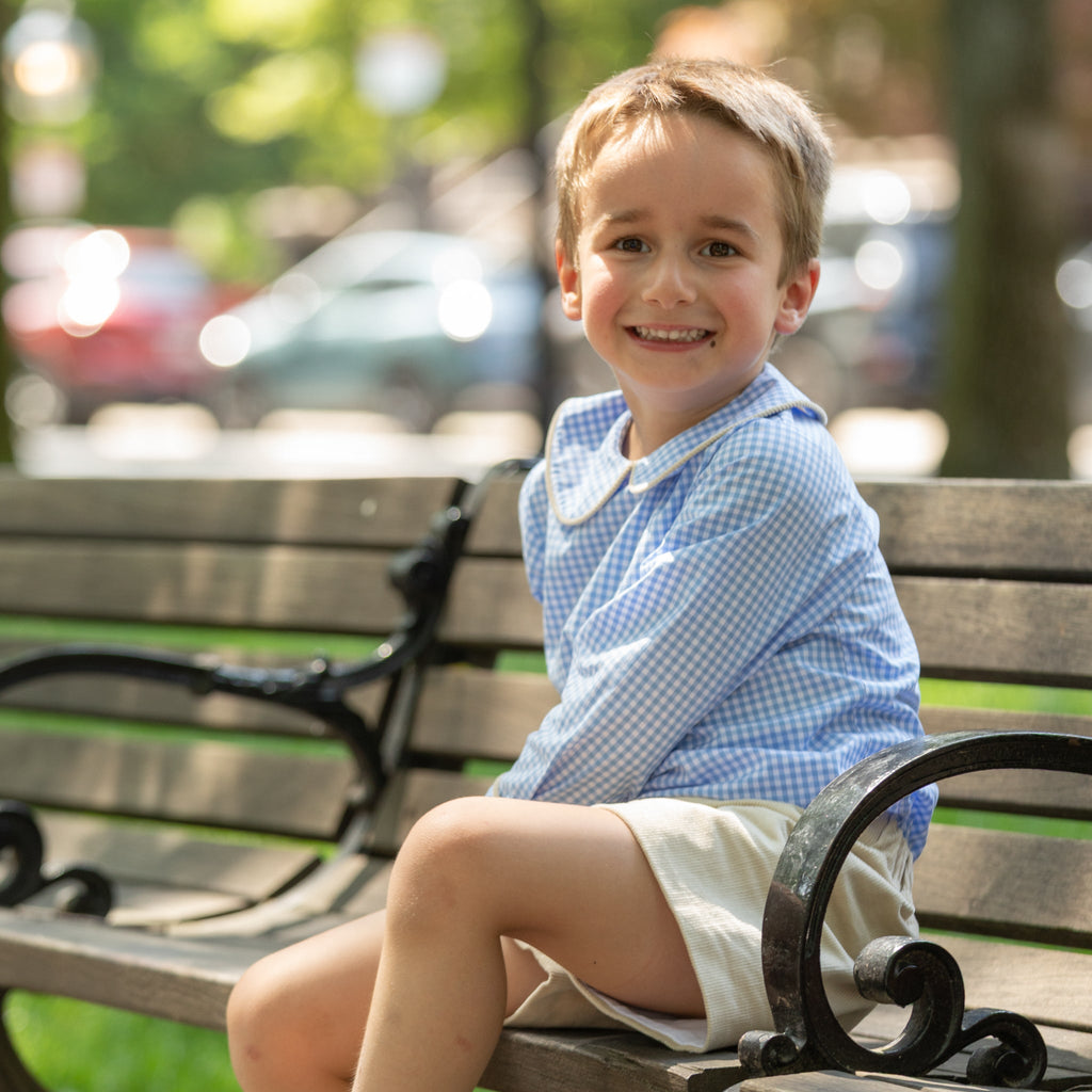 Henry Duvall Robert Shorts in King’s Way Khaki Corduroy, classic fall toddler boys dress shorts with flat front and elastic back, perfect for pairing with gingham shirts and sibling sets