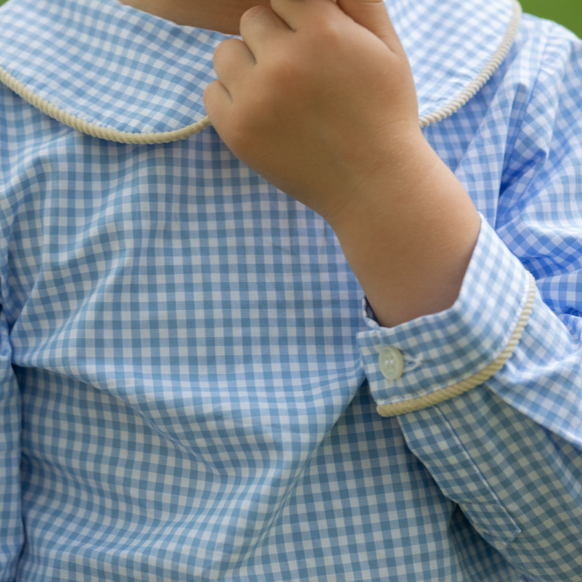 Henry Duvall Henry Peter Pan Shirt in classic blue Charles Street Check gingham, timeless fall toddler boys top perfect for layering with corduroy overalls or coordinating sibling looks.