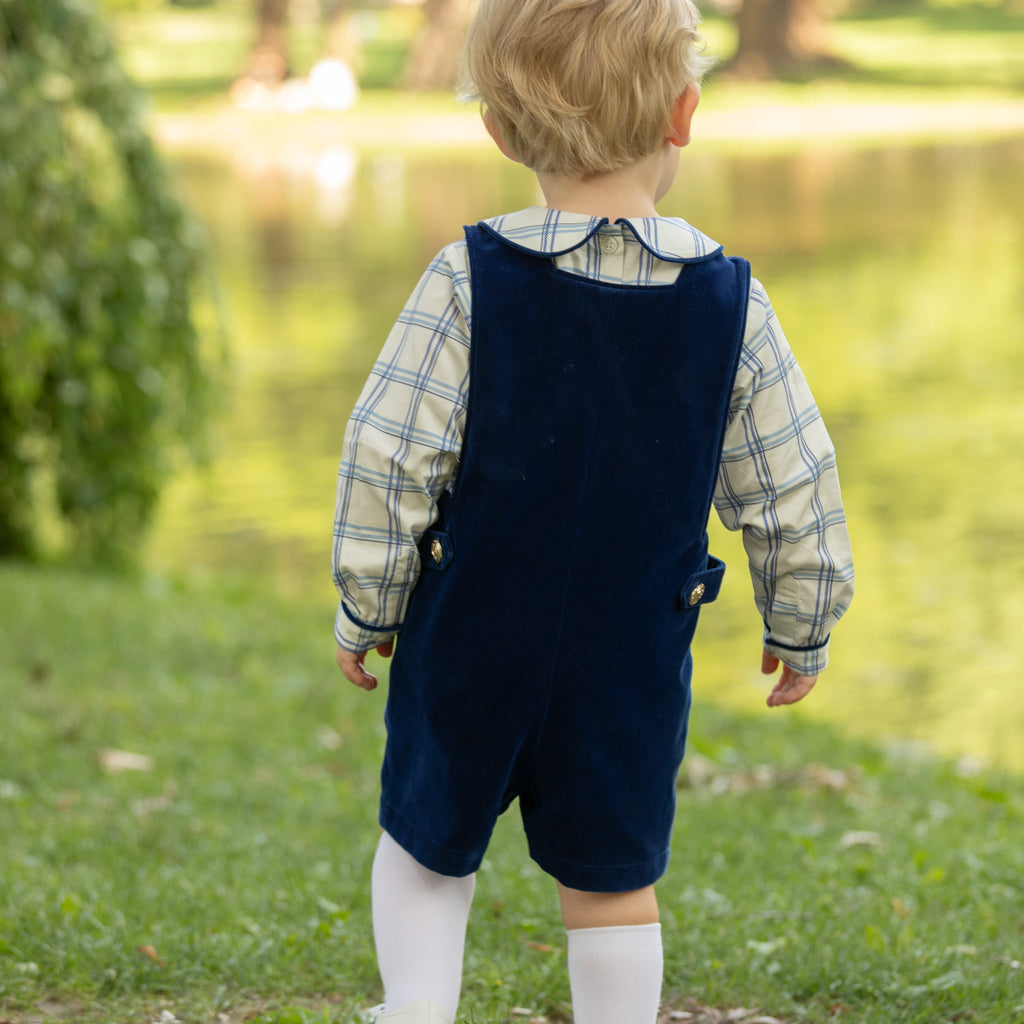 Henry Duvall James Henry Jon Jon in Back Bay Blue Velvet with HD gold buttons, classic baby boy holiday outfit with traditional silhouette and easy stride snaps