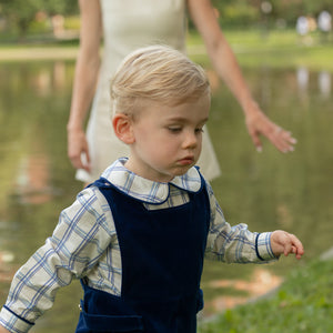 Henry Duvall Long Sleeve Henry Peter Pan Shirt in Prescott Plaid, classic boys fall shirt with Peter Pan collar and button-back, perfect for layering and coordinating sibling outfits