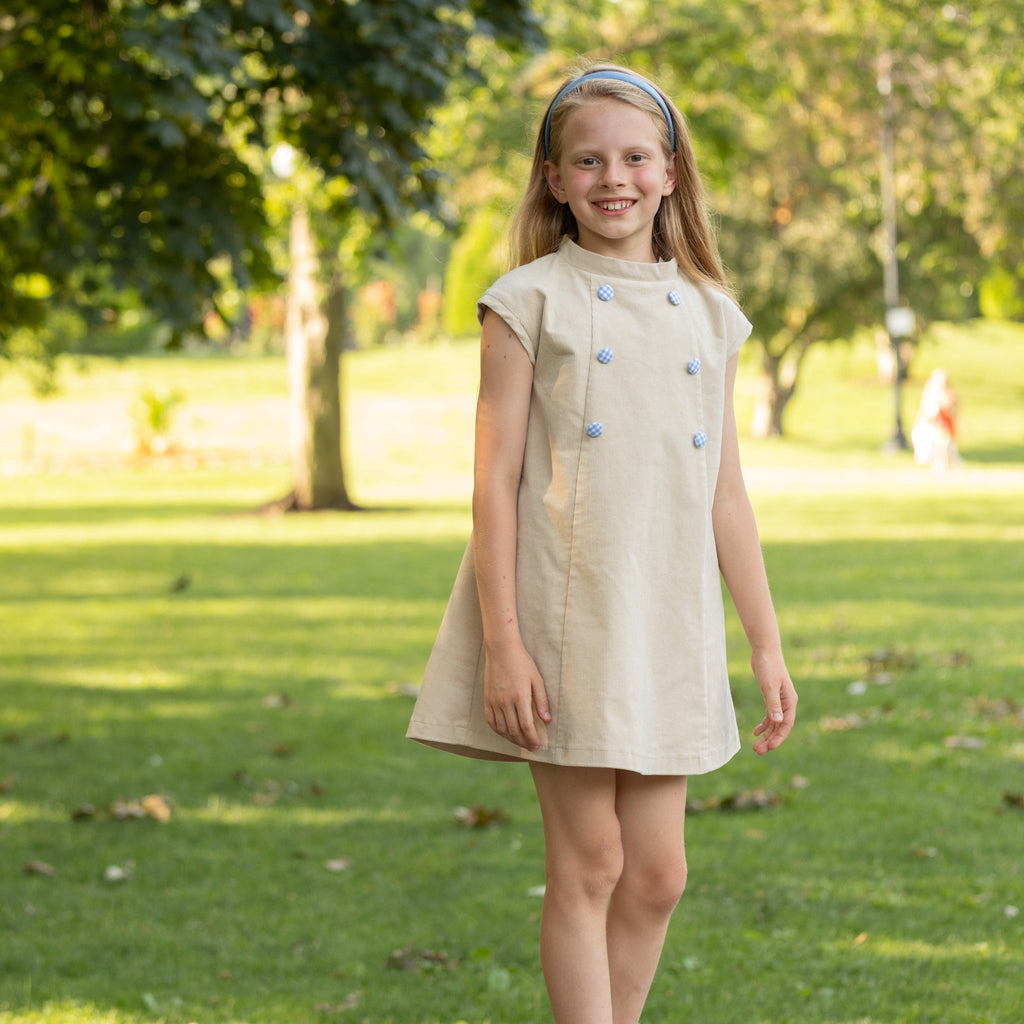 Henry Duvall Isabel Dress in King’s Way Khaki Corduroy with Charles Street Check covered buttons, classic fall toddler and girls outfit with heirloom style and timeless details 