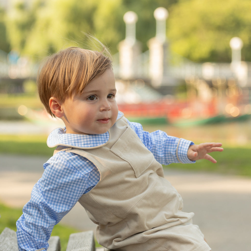 Henry Duvall Henry Peter Pan Shirt in classic blue Charles Street Check gingham, timeless fall toddler boys top perfect for layering with corduroy overalls or coordinating sibling looks.