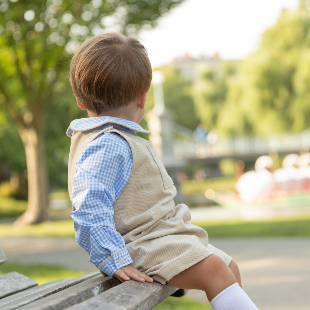 Henry Duvall Henry Peter Pan Shirt in classic blue Charles Street Check gingham, timeless fall toddler boys top perfect for layering with corduroy overalls or coordinating sibling looks.