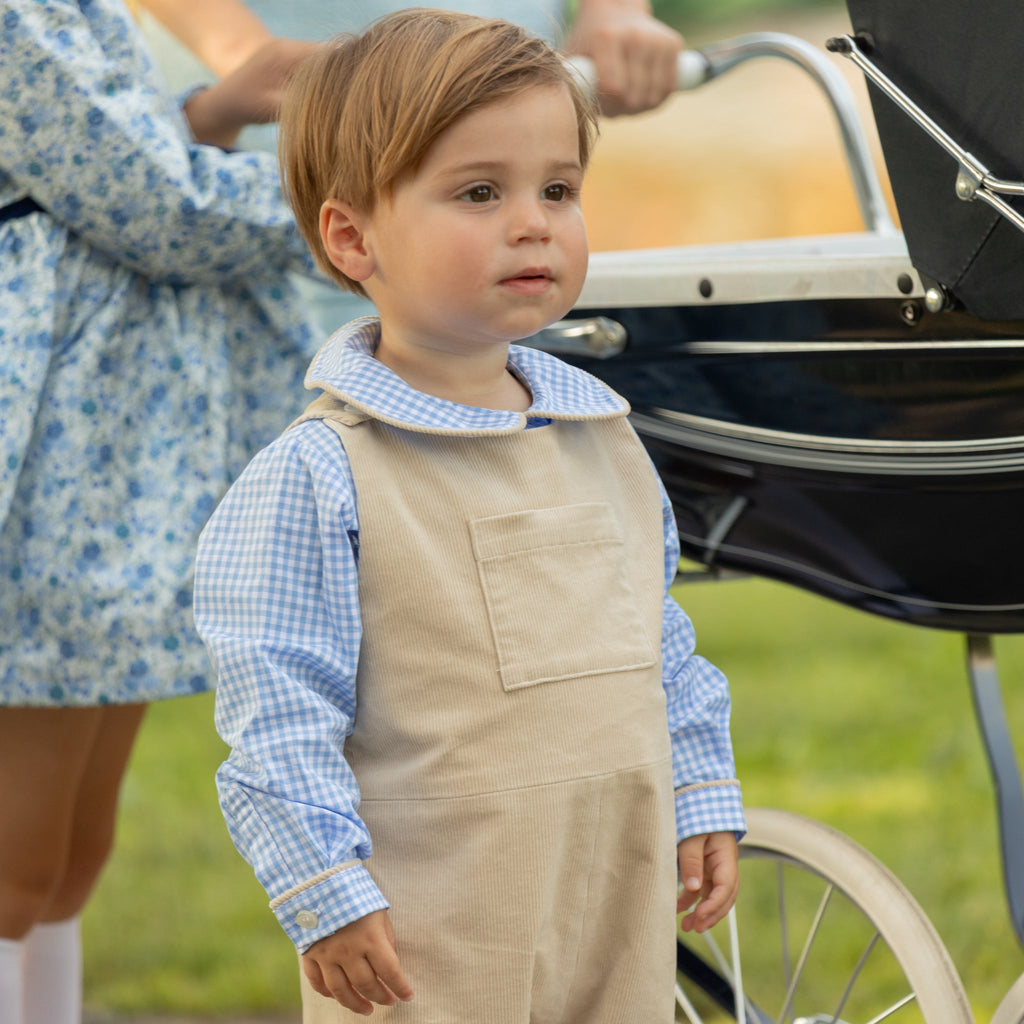Henry Duvall Oliver Overalls in King’s Way Khaki Corduroy, classic toddler boys fall outfit with relaxed fit, perfect for layering with Peter Pan shirts or coordinating sibling looks