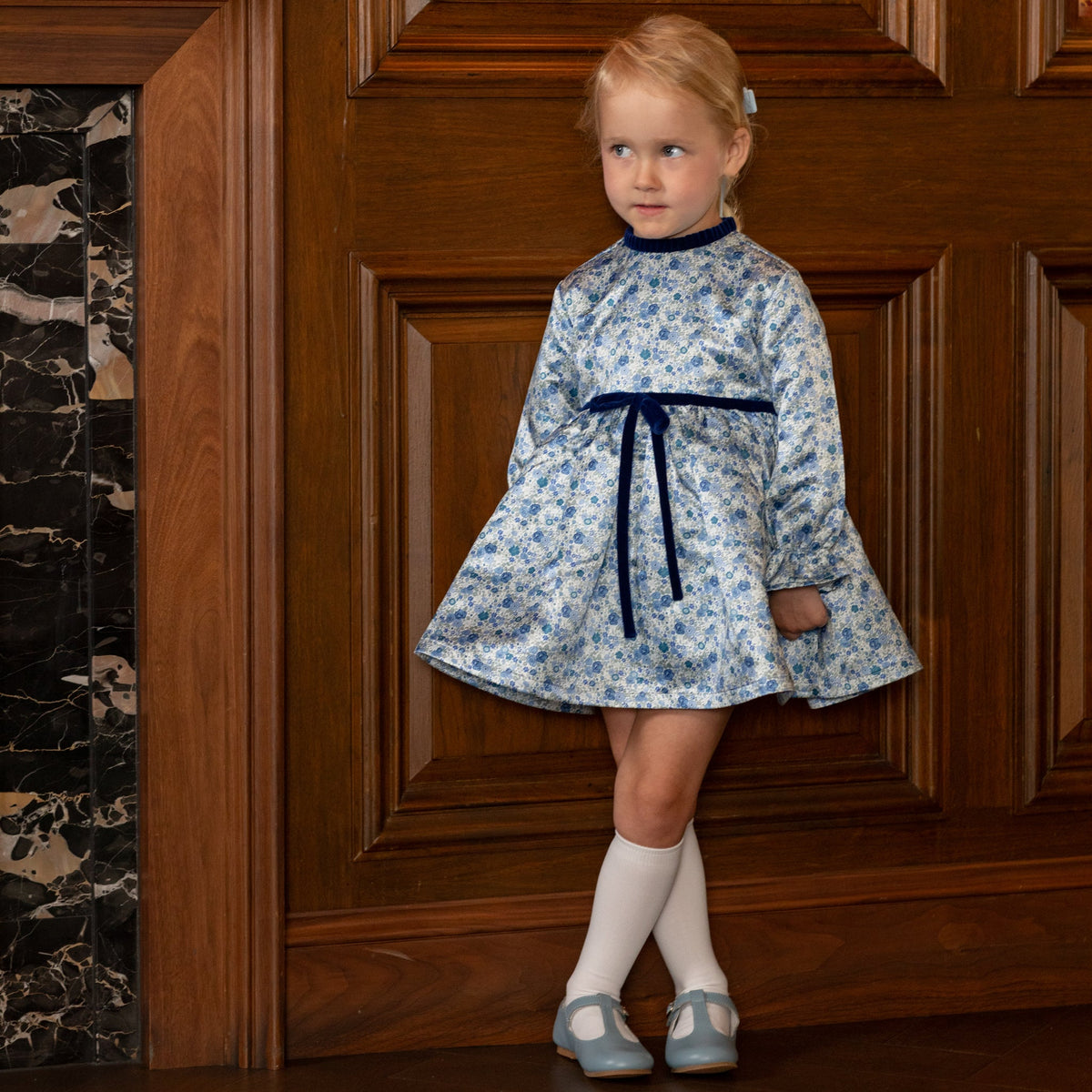 Henry Duvall Hazel Dress in Prescott Petals floral with Back Bay Blue Velvet bow, vintage length fall dress for girls, perfect for sibling sets and mother-daughter matching