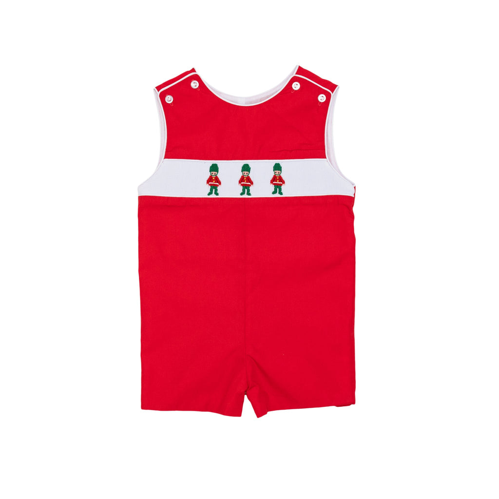 Red boys holiday Jon Jon with toy soldier smocking across the chest, Henry Duvall George Jon Jon in cotton poplin for classic Christmas dressing