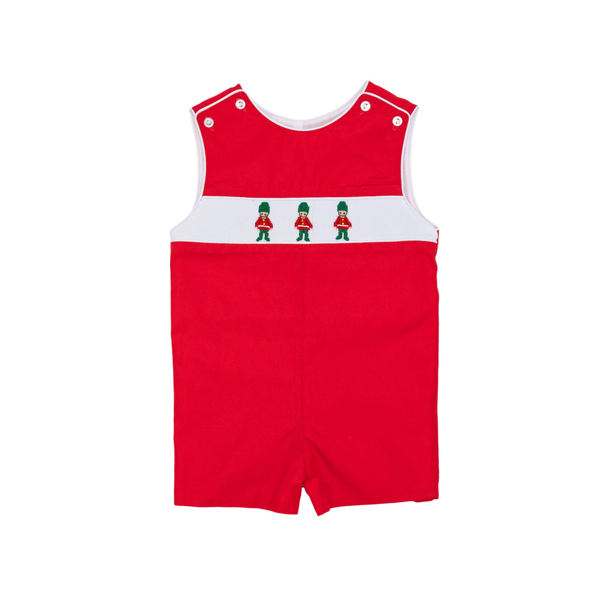 Red boys holiday Jon Jon with toy soldier smocking across the chest, Henry Duvall George Jon Jon in cotton poplin for classic Christmas dressing