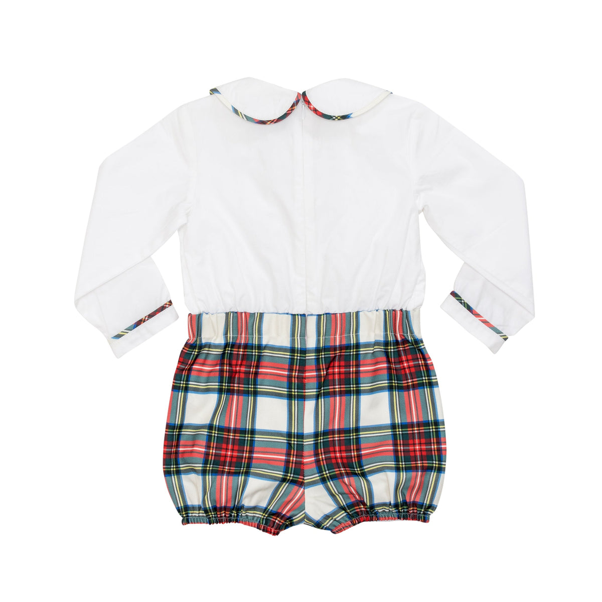 Classic baby boy bubble in traditional red Townsend Tartan with long white sleeves, boy holiday outfit with plaid for family photos