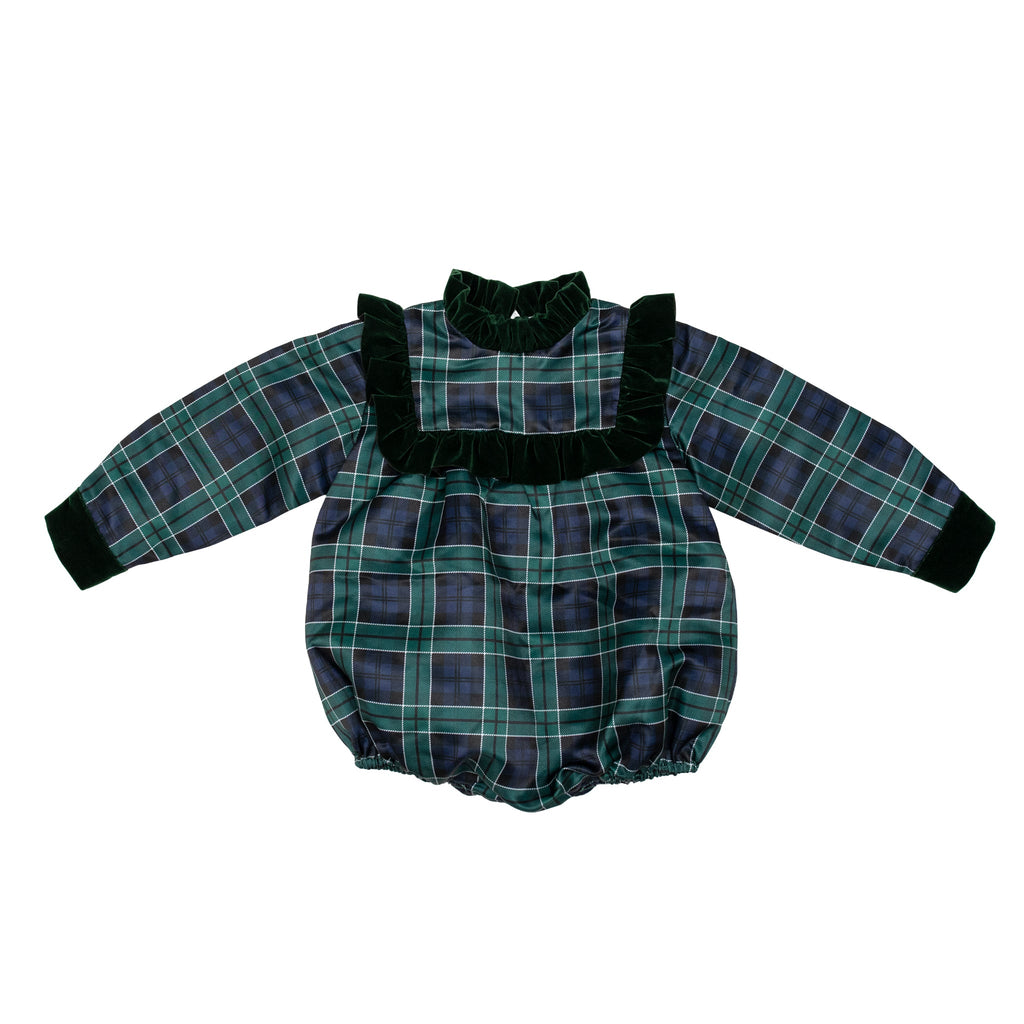 Classic baby girl tartan holiday bubble, Nora Bubble in Newbury Tartan with green velvet trim, perfect for fall family photos and festive occasions by Henry Duvall.