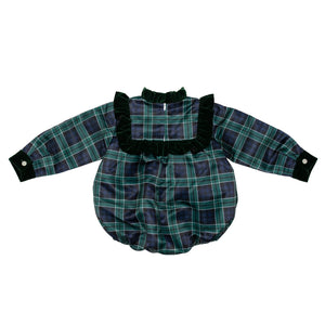 Classic baby girl tartan holiday bubble, Nora Bubble in Newbury Tartan with green velvet trim, perfect for fall family photos and festive occasions by Henry Duvall.