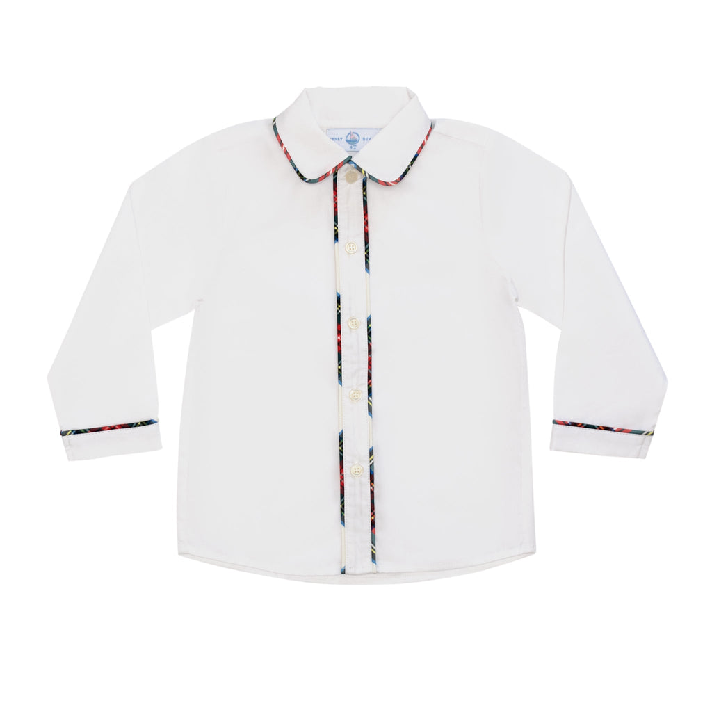 Henry Duvall Sullivan Short Set in red and green Townsend Tartan with tartan-trimmed white top and matching shorts for toddler boys, classic holiday outfit to coordinate with sibling styles.