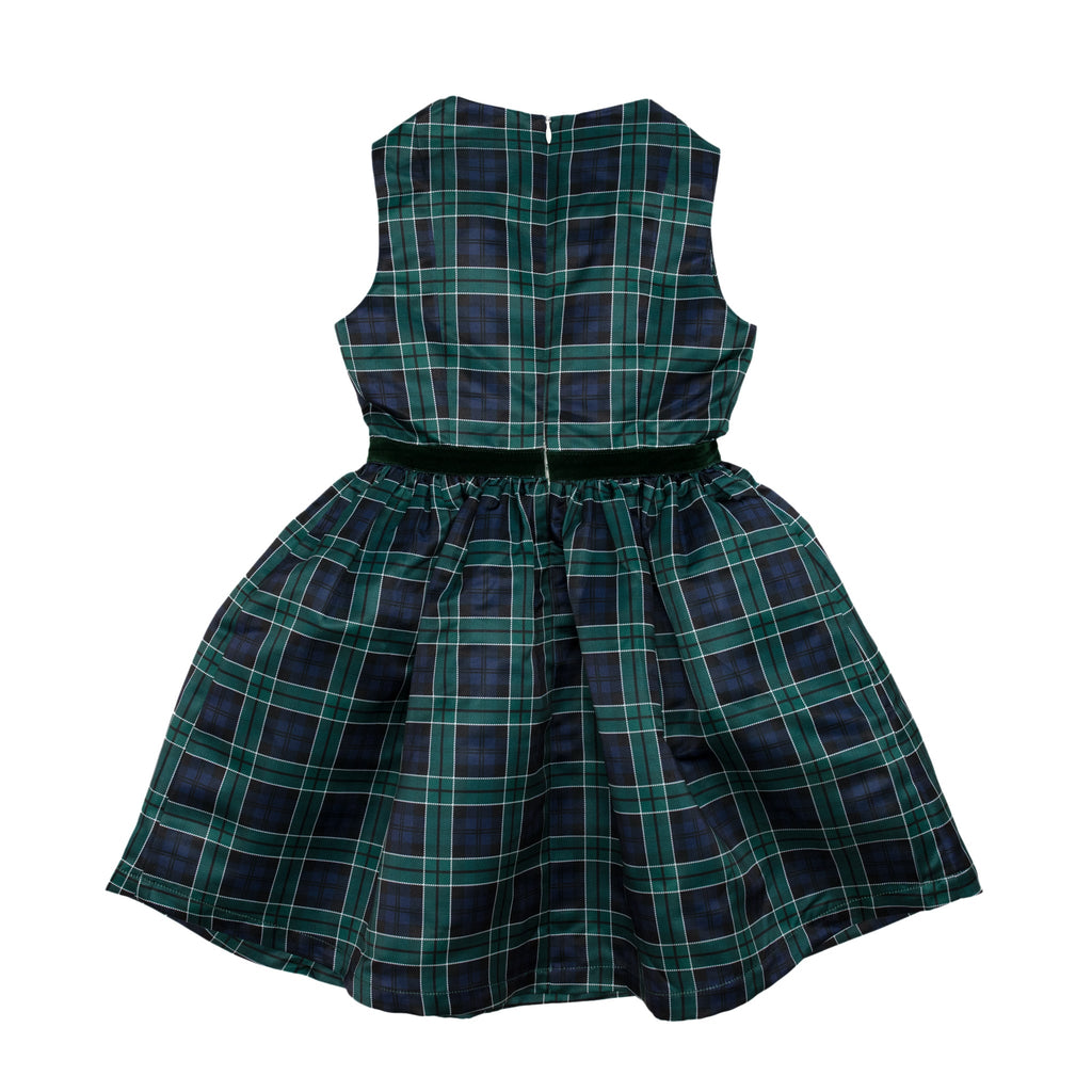 Teen girl holiday dress in Newbury Tartan with green velvet trim, classic A-line silhouette, perfect for family photos and festive gatherings