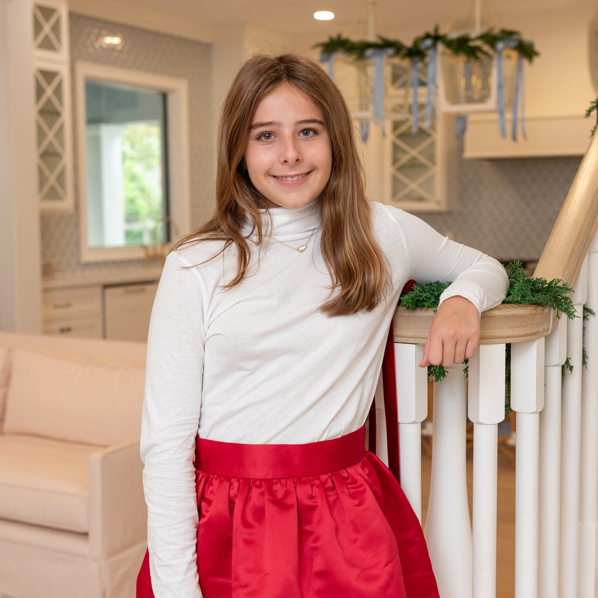 Red holiday skirt for teen girls with subtle pleats and elegant shine, Henry Duvall Sutton Skirt with elastic waistband and classic A-line silhouette