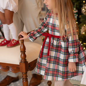 Girl's plaid holiday dress in Townsend Tartan with bow waist detail, vintage-inspired fit, perfect for family photos and festive gatherings – Henry Duvall classic