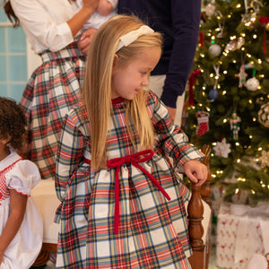 Girl's plaid holiday dress in Townsend Tartan with bow waist detail, vintage-inspired fit, perfect for family photos and festive gatherings – Henry Duvall classic