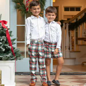 Classic boys’ holiday trousers in traditional Townsend Tartan with red and green plaid – perfect for family photos and festive occasions