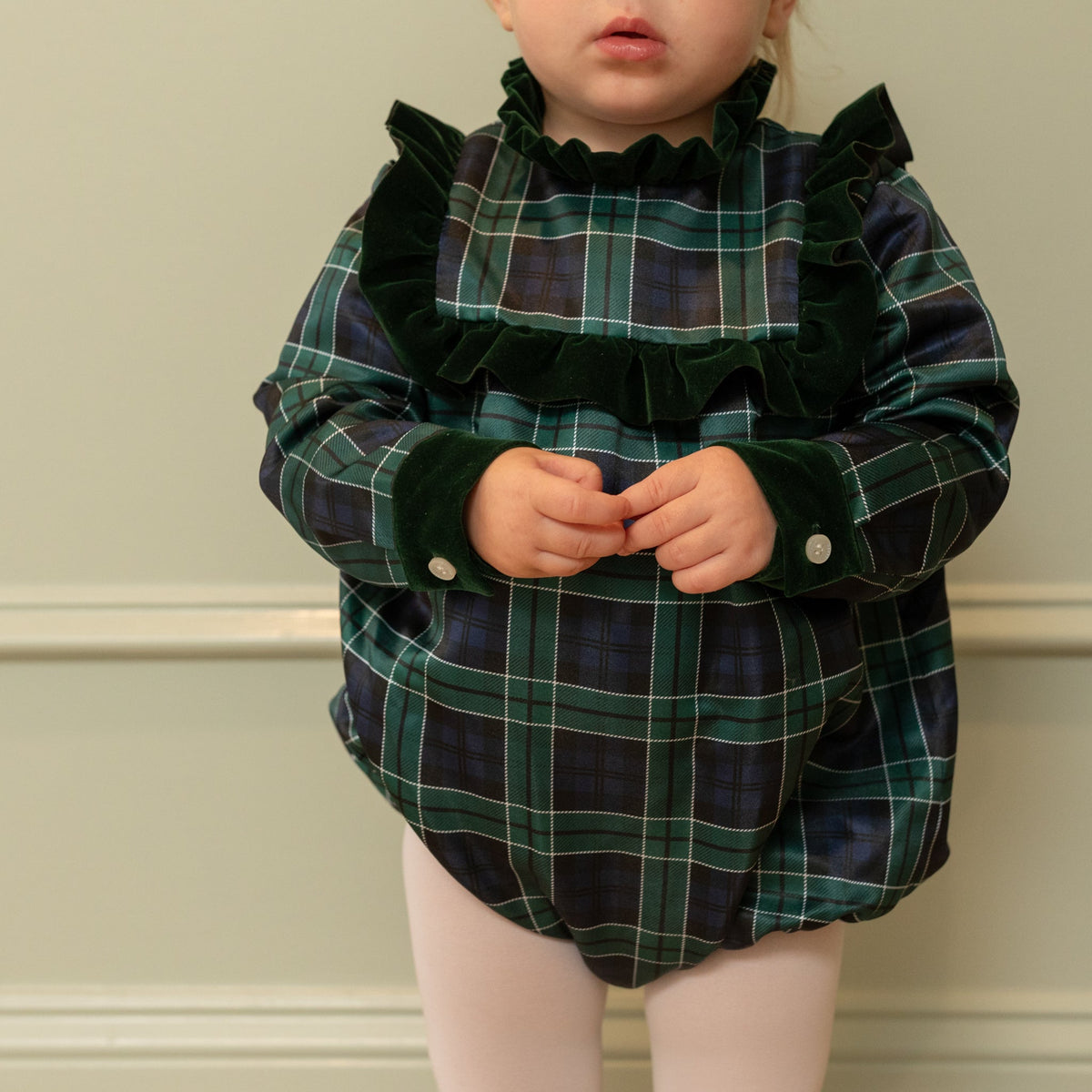 Classic baby girl tartan holiday bubble, Nora Bubble in Newbury Tartan with green velvet trim, perfect for fall family photos and festive occasions by Henry Duvall.