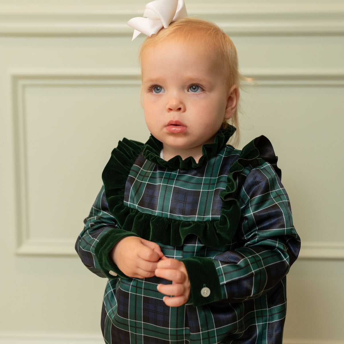 Classic baby girl tartan holiday bubble, Nora Bubble in Newbury Tartan with green velvet trim, perfect for fall family photos and festive occasions by Henry Duvall.