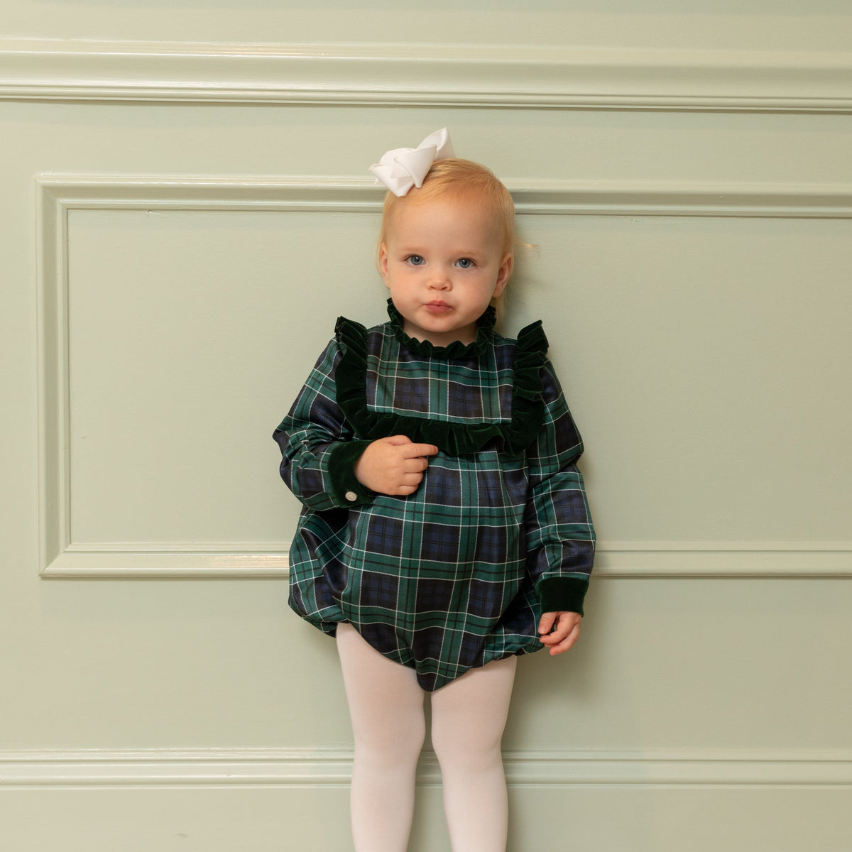 Classic baby girl tartan holiday bubble, Nora Bubble in Newbury Tartan with green velvet trim, perfect for fall family photos and festive occasions by Henry Duvall.