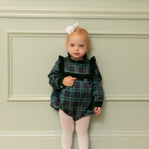 Classic baby girl tartan holiday bubble, Nora Bubble in Newbury Tartan with green velvet trim, perfect for fall family photos and festive occasions by Henry Duvall.