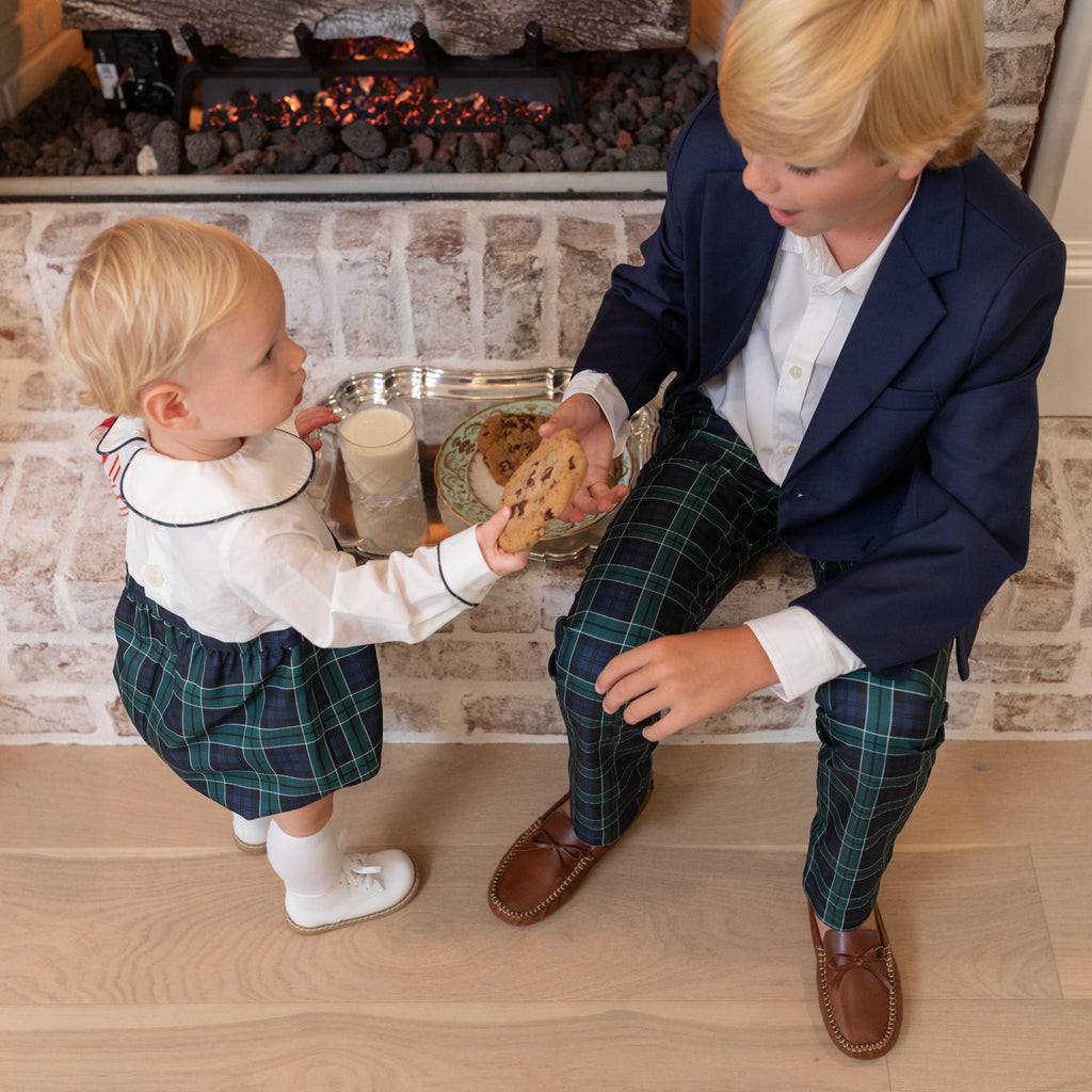 Henry Duvall Wentworth Blazer for boys in classic navy with gold HD branded buttons, timeless children’s holiday blazer for church, portraits, and special occasions