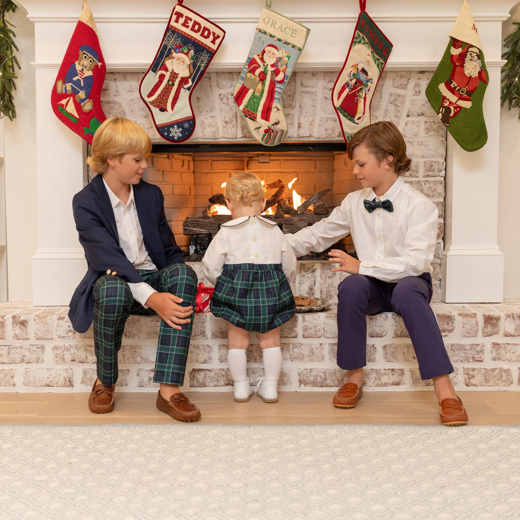 Baby boy holiday bubble in white cotton poplin and Newbury Tartan, long sleeves with snaps for easy changes, coordinates with sibling outfits for festive family photos