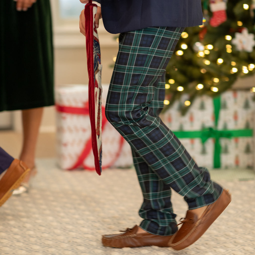 Boys holiday trousers in classic green and navy tartan, tailored Christmas pants for older boys with coordinating sibling outfits from Henry Duvall
