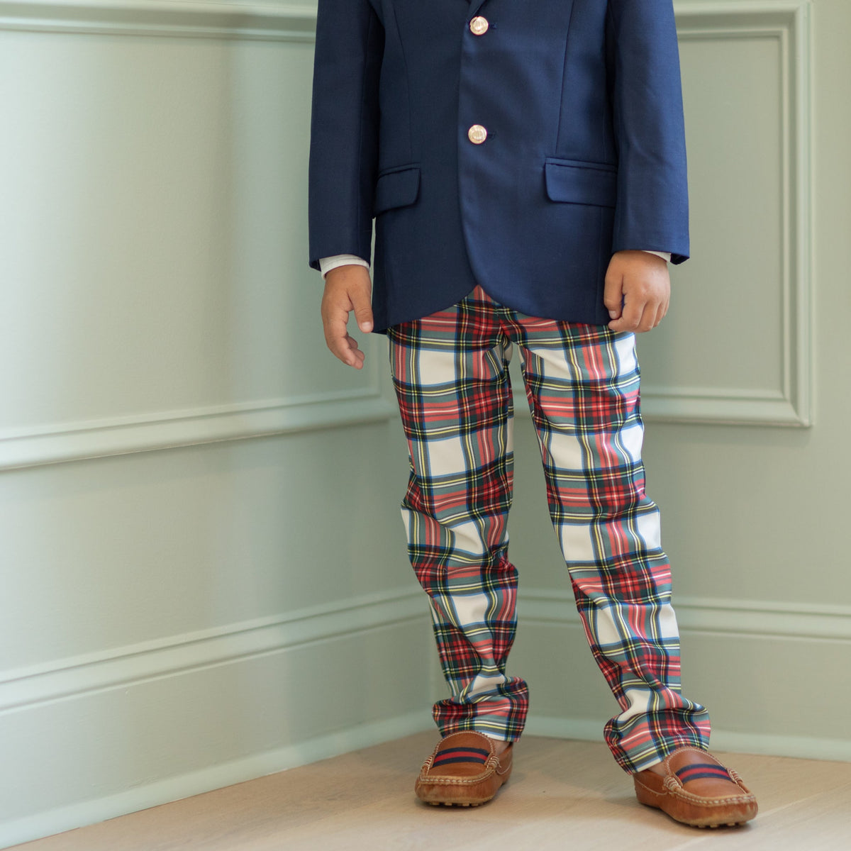 Classic boys’ holiday trousers in traditional Townsend Tartan with red and green plaid – perfect for family photos and festive occasions