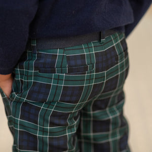 Boys holiday trousers in classic green and navy tartan, tailored Christmas pants for older boys with coordinating sibling outfits from Henry Duvall