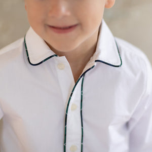 Boys holiday short set in Newbury Tartan with white poplin top and tartan trim, festive Christmas outfit for boys with coordinating sibling options
