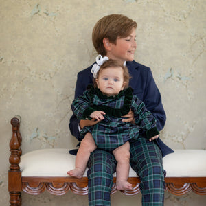 Classic baby girl tartan holiday bubble, Nora Bubble in Newbury Tartan with green velvet trim, perfect for fall family photos and festive occasions by Henry Duvall.