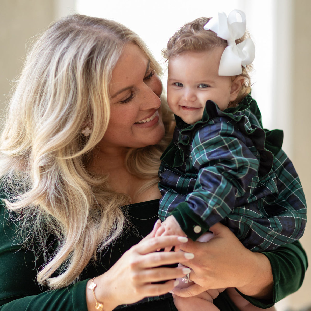 Classic baby girl tartan holiday bubble, Nora Bubble in Newbury Tartan with green velvet trim, perfect for fall family photos and festive occasions by Henry Duvall.
