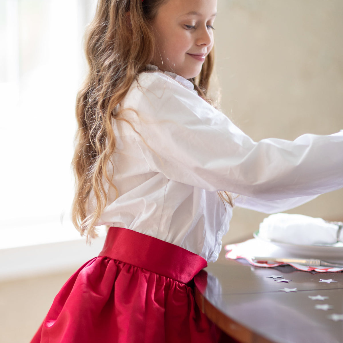 Red holiday skirt for teen girls with subtle pleats and elegant shine, Henry Duvall Sutton Skirt with elastic waistband and classic A-line silhouette