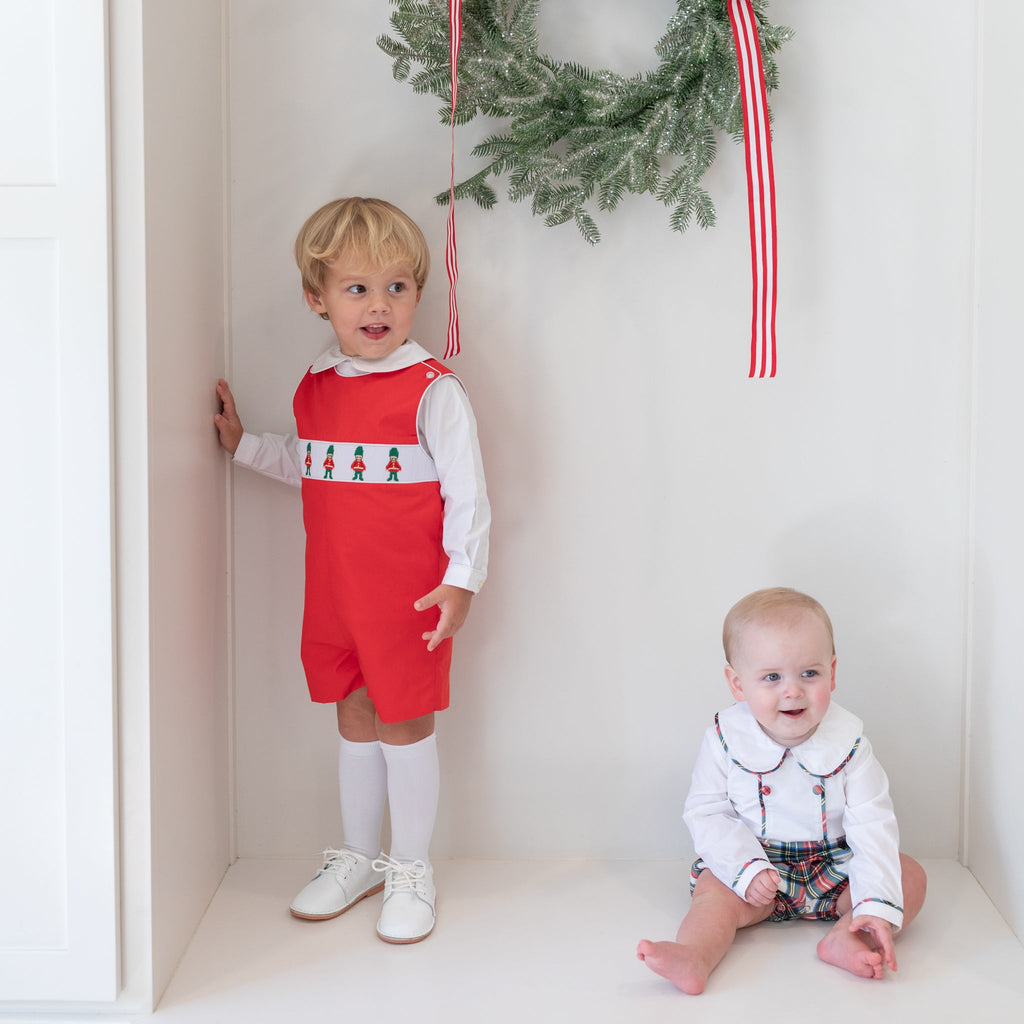 Red boys holiday Jon Jon with toy soldier smocking across the chest, Henry Duvall George Jon Jon in cotton poplin for classic Christmas dressing
