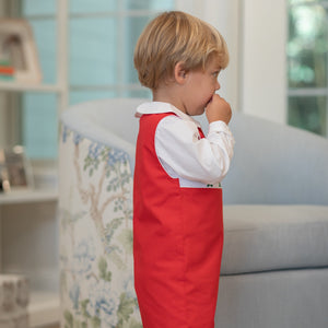Red boys holiday Jon Jon with toy soldier smocking across the chest, Henry Duvall George Jon Jon in cotton poplin for classic Christmas dressing