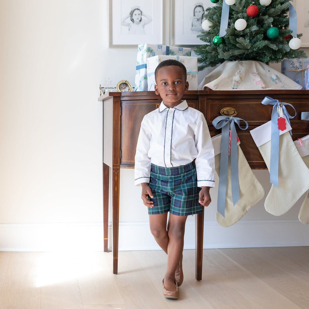 Boys holiday short set in Newbury Tartan with white poplin top and tartan trim, festive Christmas outfit for boys with coordinating sibling options