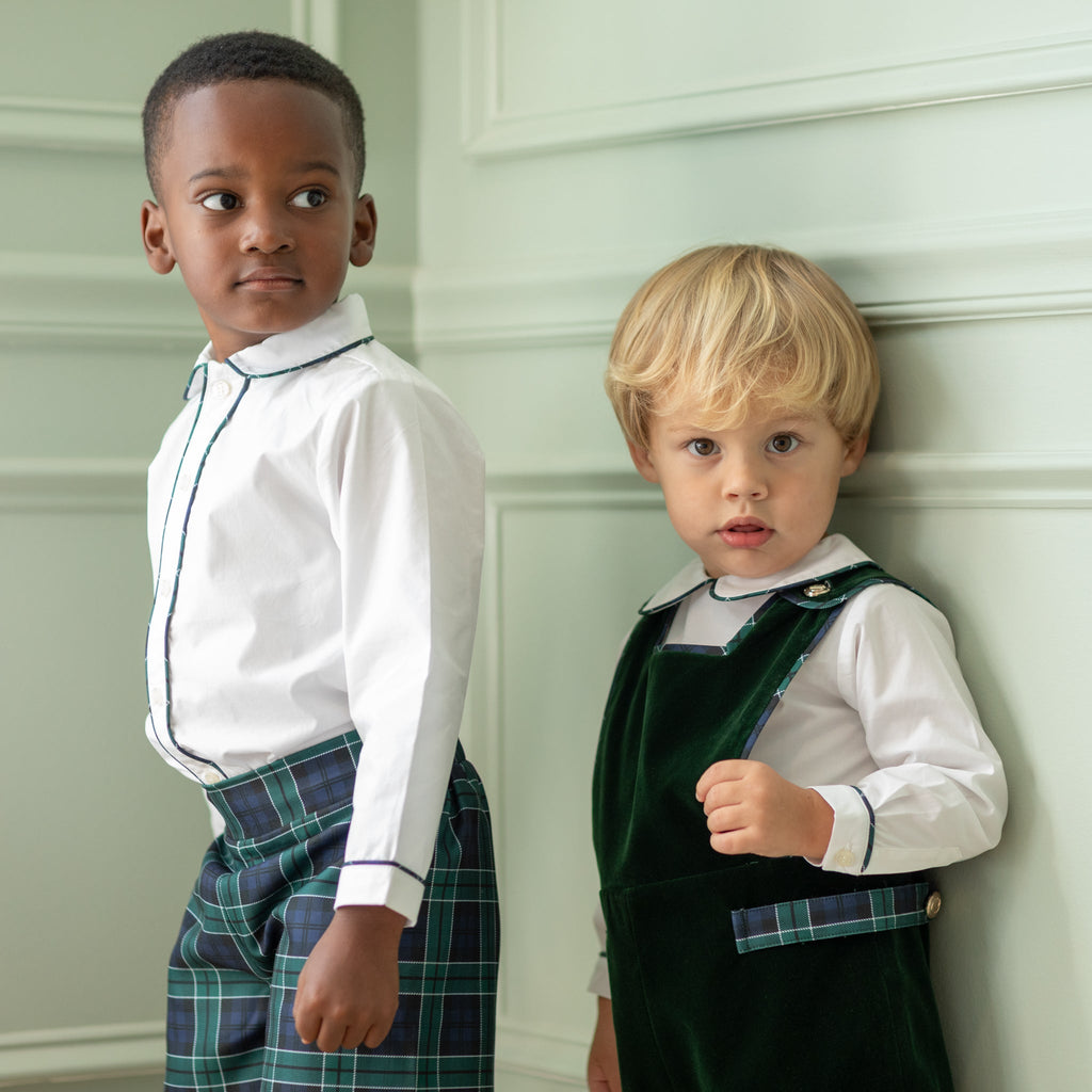Henry Duvall boys white Peter Pan collar shirt with Newbury Tartan trim, classic holiday layering piece to coordinate with green and navy tartan outfits