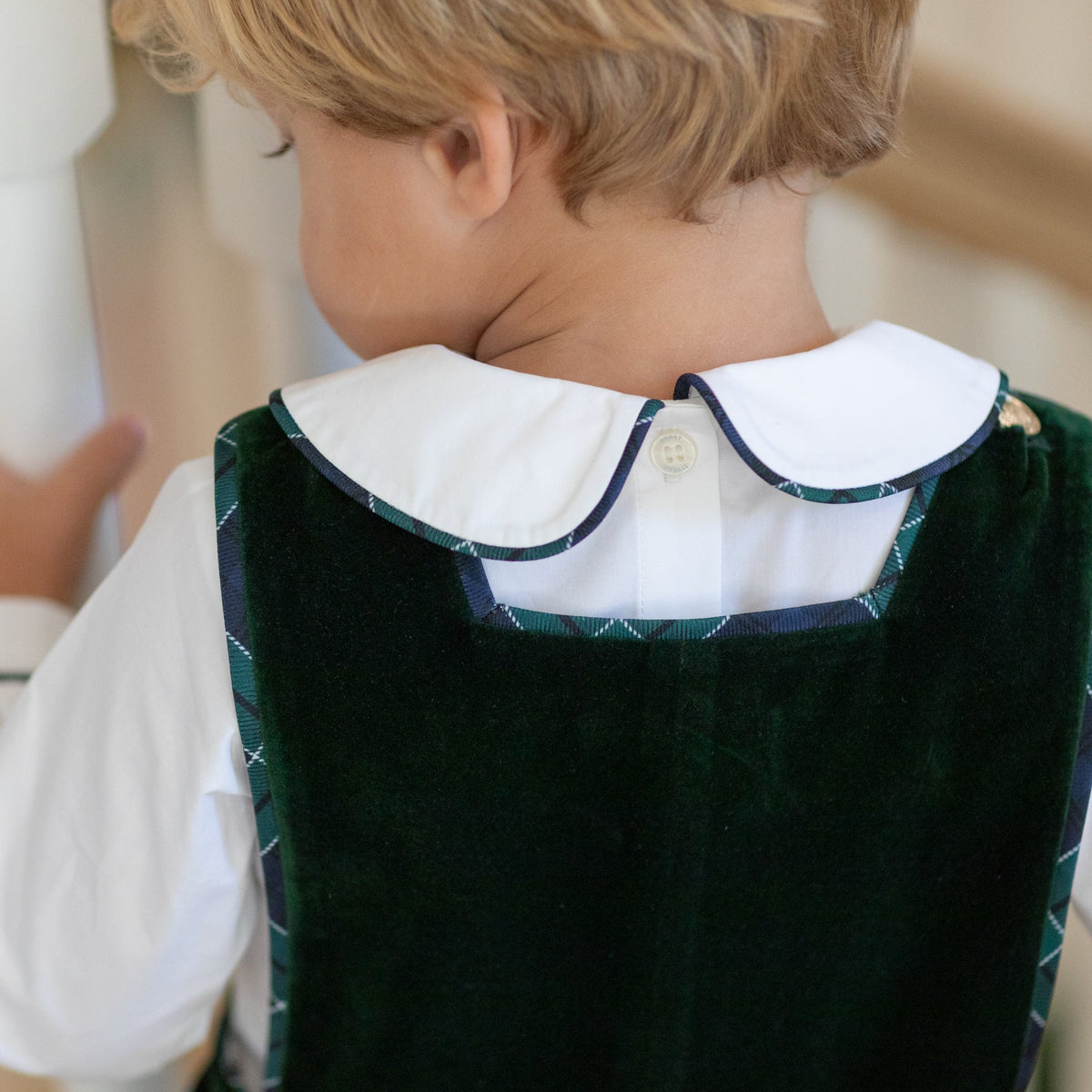 Henry Duvall boys white Peter Pan collar shirt with Newbury Tartan trim, classic holiday layering piece to coordinate with green and navy tartan outfits