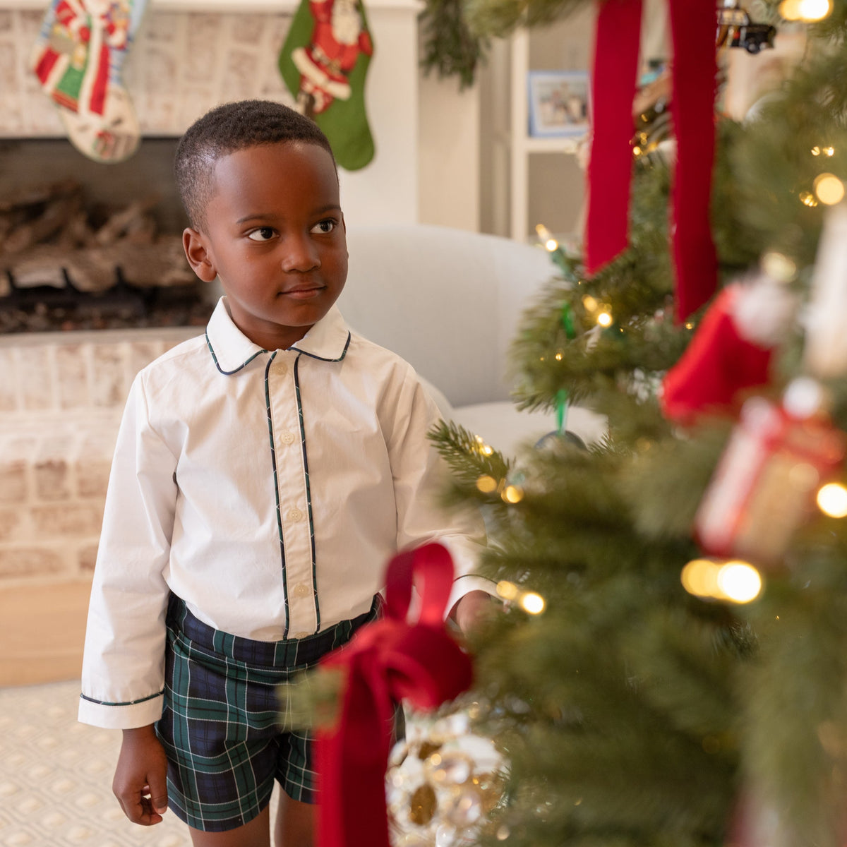 Boys holiday short set in Newbury Tartan with white poplin top and tartan trim, festive Christmas outfit for boys with coordinating sibling options