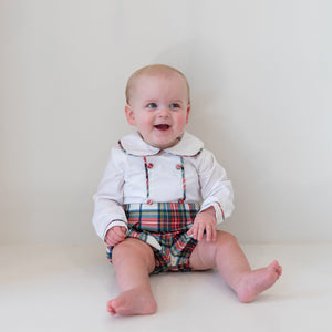 Classic baby boy bubble in traditional red Townsend Tartan with long white sleeves, boy holiday outfit with plaid for family photos