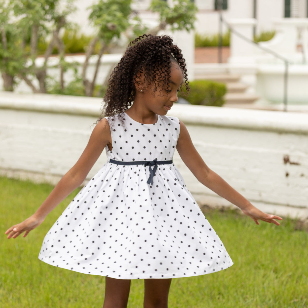Betsy Dress in Narragansett Navy Polka Dots