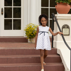 Betsy Dress in Narragansett Navy Polka Dots