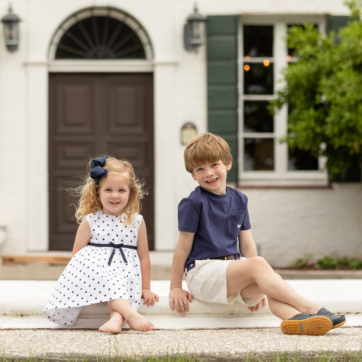 Betsy Dress in Narragansett Navy Polka Dots