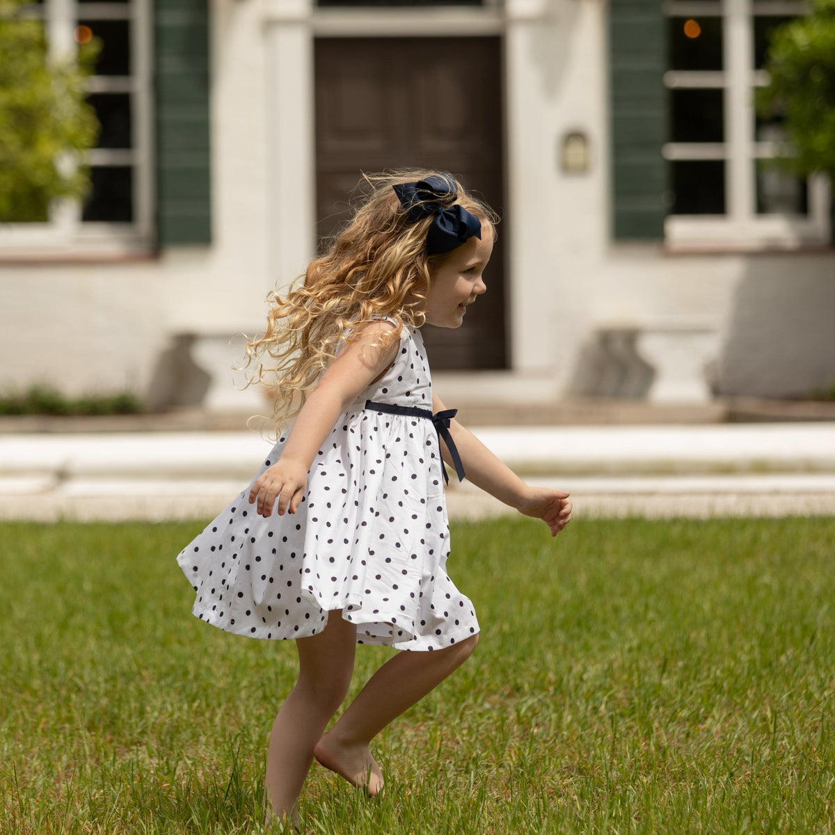 Betsy Dress in Narragansett Navy Polka Dots