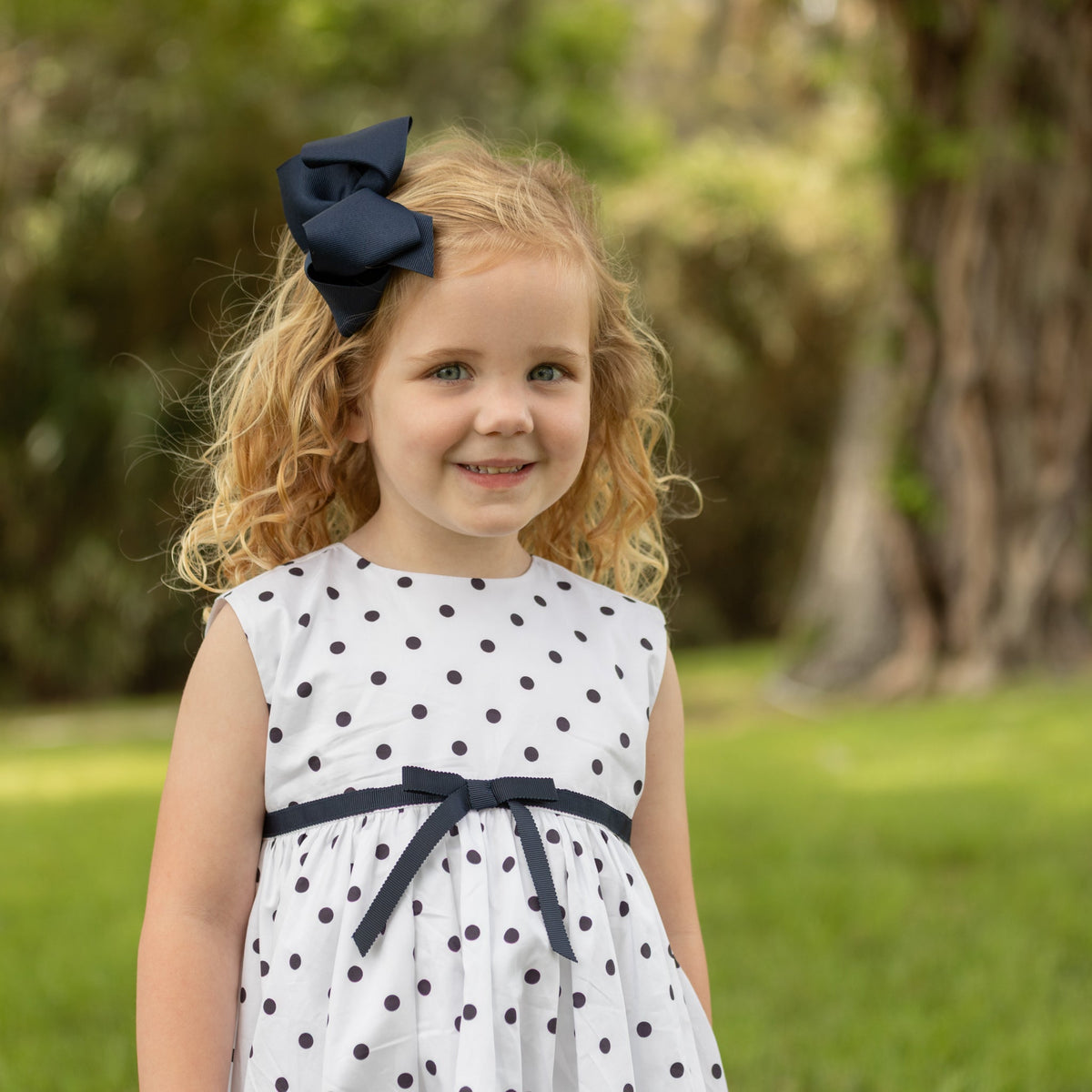 Betsy Dress in Narragansett Navy Polka Dots